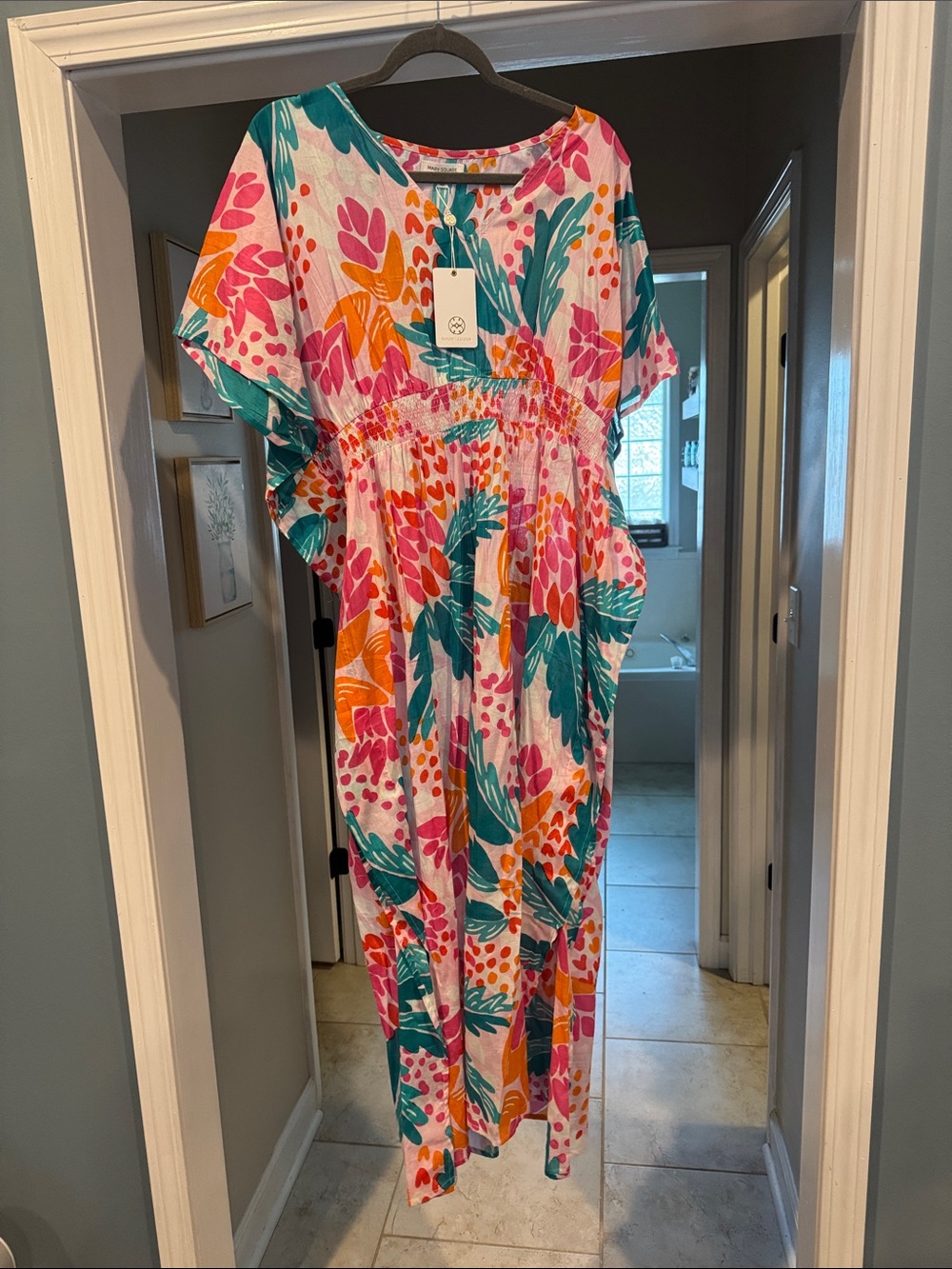 Colorful Tropical Print Maxi Dress - Teal, Pink & Orange
